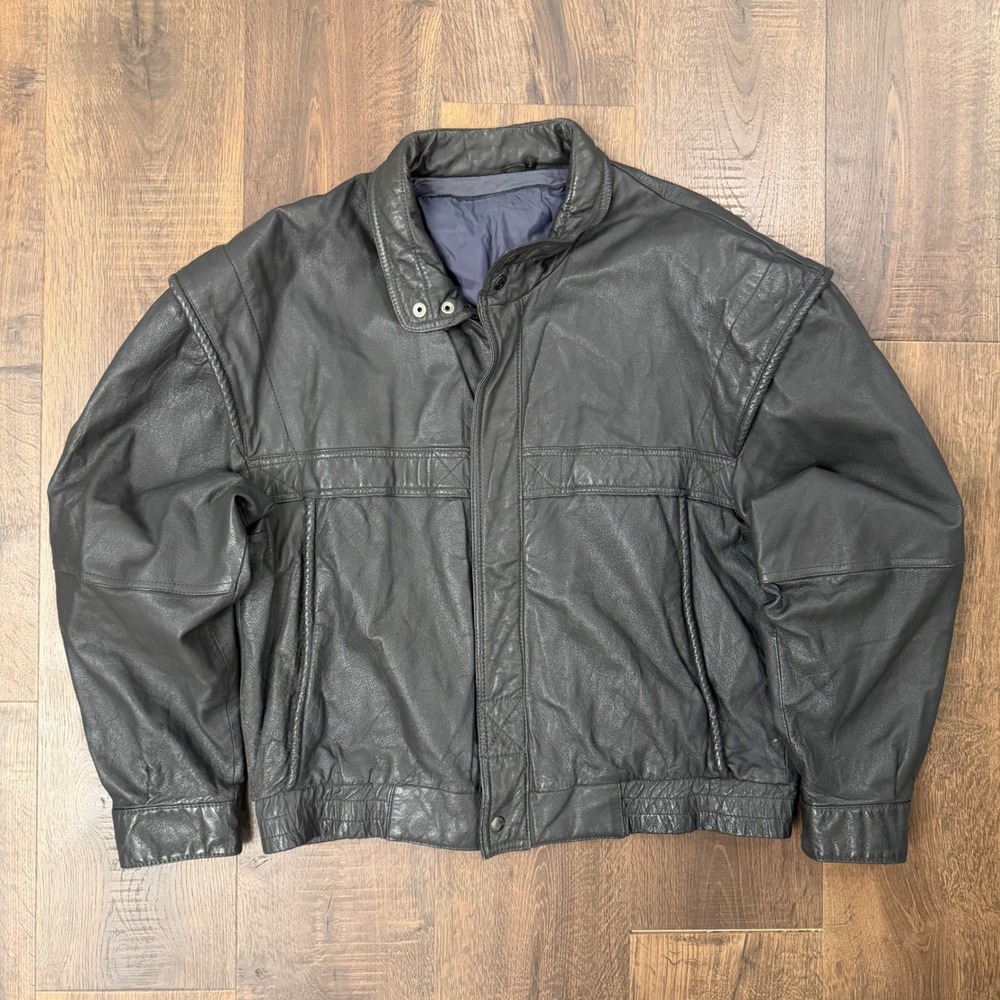 Vintage 80s 90s Phase 2 Black Leather Bomber Jacket Men's L Moto Biker YKK